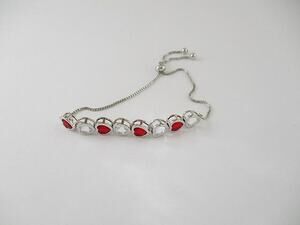 2007 NIB Macy's Silver Plate Simulated Ruby/Cubic Zirconia Heart Bolo Bracelet